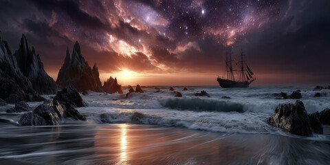 Enchanted Tall Ship at Starry Sunset Shore