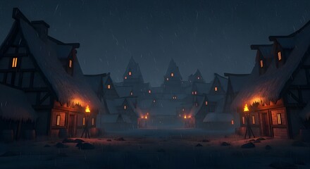 A peaceful night landscape showing a few houses and an empty street, enveloped in darkness.