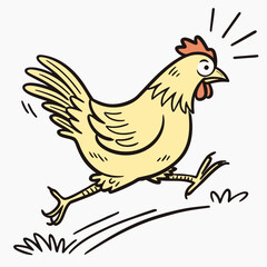 Cartoon chicken running with motion lines and grass on white background illustration