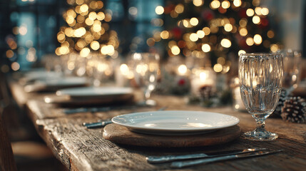 Rustic holiday table setting with warm bokeh lights and textured wood, creating a cozy and inviting atmosphere perfect for a festive gathering.