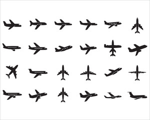 Set of black airplane silhouettes in different angles vector illustration