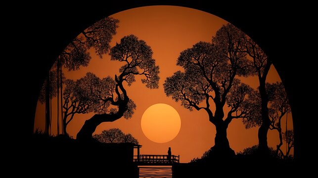 shadow puppet landscape with bridge and trees