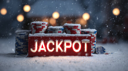 Winter wonderland meets the thrill of winning! Jackpot sign and casino chips covered in snow creating a unique and exciting scene.