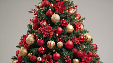 A festive Christmas tree adorned with red flowers, shimmering gold, and red ornaments, capturing the holiday spirit and seasonal decor.