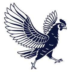 Stylized dark blue rooster in mid-stride with wings spread chicken bird
