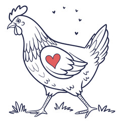 Cartoon Chicken With Red Heart On Chest Walking bird fowl