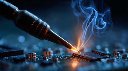 A soldering iron tip glows as it melts solder on a circuit board, wisps of blue smoke curling upwards, showcasing electronics work.