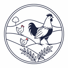 Rustic Farm Scene With Rooster and Chickens in a Circle Emblem rural agriculture
