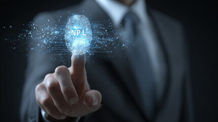 Digital fingerprint in business. The future of technology with a man in a suit touching a blue digitalized fingerprint with circuit patterns.