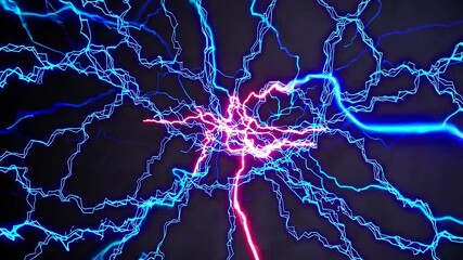 Vivid blue and pink electrical discharges radiate and pulse from a central core on a black background, creating a neon, futuristic energy burst perfect for sci tech visuals - Powered by Adobe