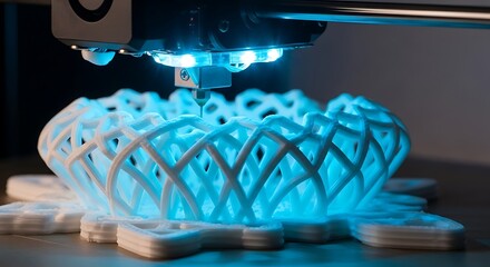Close up of a 3d printer creating a complex white lattice structure illuminated by blue light