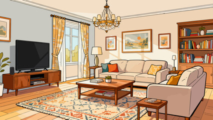 This vibrant living room illustration features a sofa, bookcase, TV, plants, and decorative elements, creating a cozy, organized, and stylish home space ideal for relaxation and leisure.