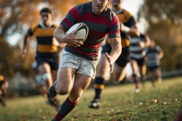 Rugby Player Running with Ball on Outdoor Field During Match