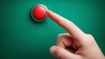 A finger presses a bright red, textured button mounted on a solid green surface, symbolizing action, choice, and the initiation of a process.