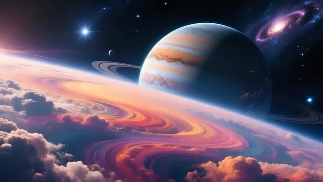 Vibrant Alien Planet Landscape with Rings and Colorful Cosmic Skies - Powered by Adobe