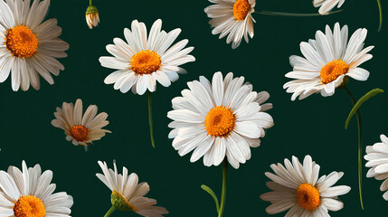 A verdant backdrop hosts an array of blooming daisies, their pristine white petals contrasting with vibrant orange centers in a natural display.