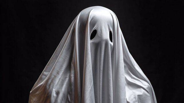 Boo! Spooky specter in a simple white sheet costume.  Eerie apparition emerges from the shadows, adding mystery to the night.
