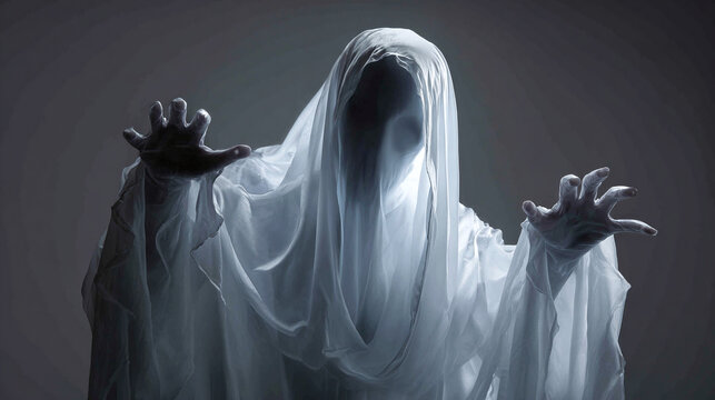 Ethereal figure in white drapes, reaching out from the darkness. A chilling specter for the eerie Halloween season! Beware, it's haunting. - Powered by Adobe