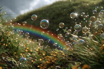 Fototapeta premium soap bubbles float across a grassy hillside with a rainbow