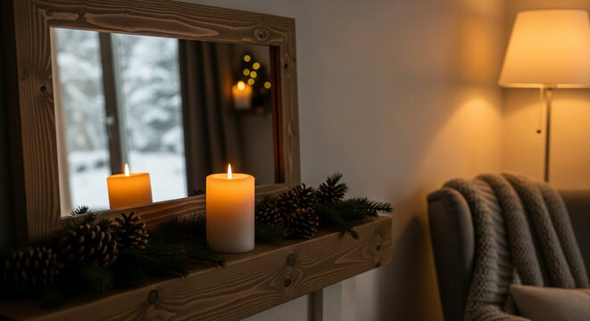Cozy winter vibes with candlelight, pinecones, and snow outside a window reflection