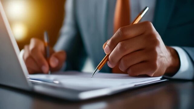 Precision in Progress: A close-up shot of a professional in a formal suit, meticulously writing on a document with a pen, against the backdrop of a laptop