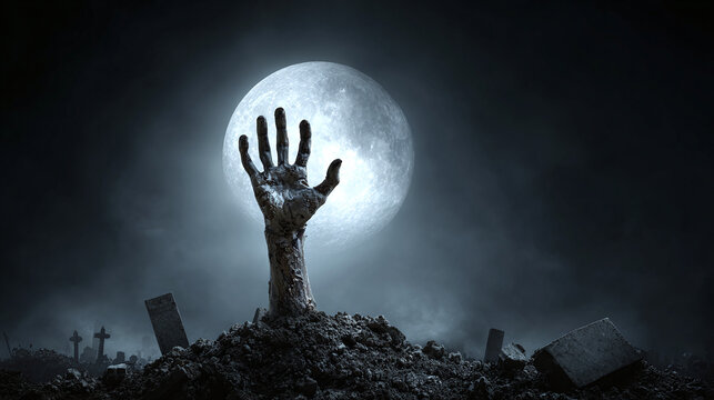 In the dead of night, a zombie's hand claws its way out of the ground, reaching for the moon against a chilling, haunted backdrop. - Powered by Adobe