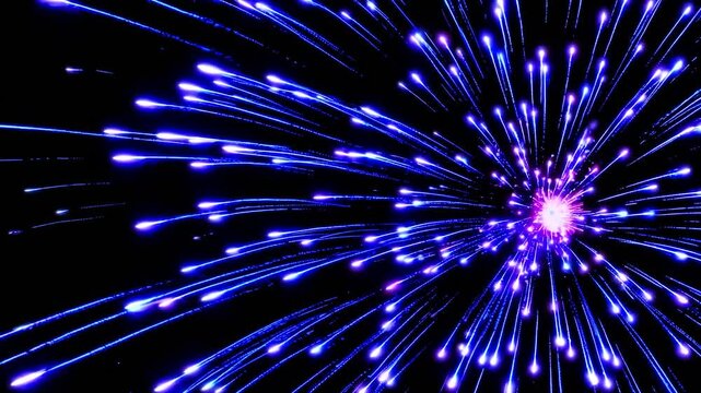 Abstract background featuring streams of blue and purple light particles exploding and flying through space, creating a dynamic and energetic visual effect on a completely black backdrop