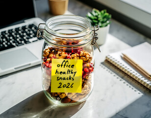 Workplace wellness concept featuring a jar of healthy trail mix on a sunlit office desk, symbolizing future health goals