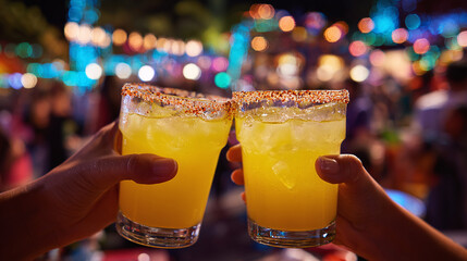 Raising glasses of a cool, yellow, citrus cocktail. Festive, colorful lights glow in the background as friends celebrate together.