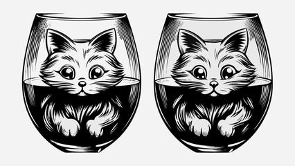Whimsical cat graphic inside wine glasses perfect for fun designs and unique gift ideas