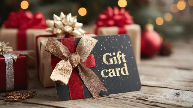 A thoughtful gift: A gift card wrapped with a gold ribbon, nestled among festive wrapped presents on a rustic wood surface. Holiday spirit!