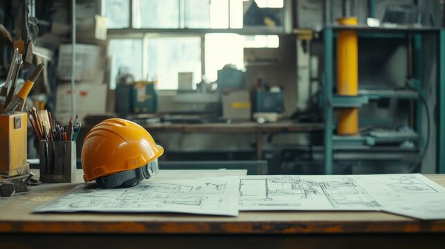 Worker Desk with Safety Helmet and Drawings in Workshop