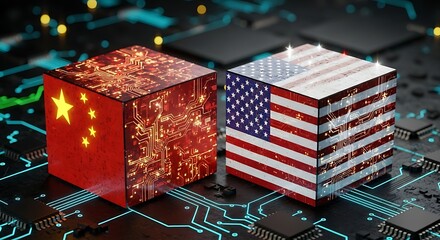 Abstract representation of us and china flags on circuit board symbolizing technology and trade