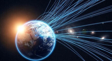 Global digital network connecting earth with streams of light