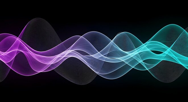 Abstract wavy lines of purple and teal light on black background
