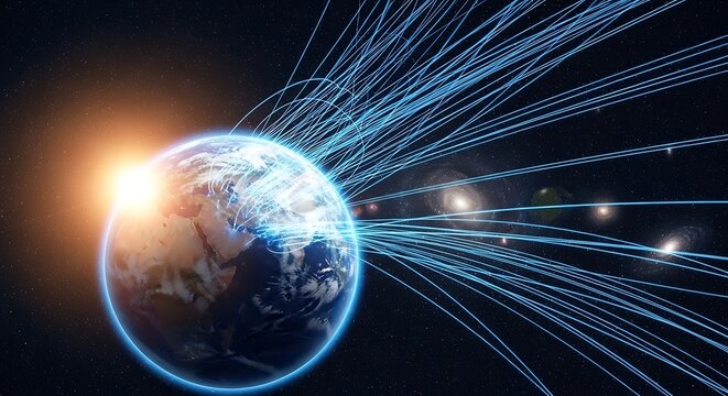 Global digital network connecting earth with streams of light - Powered by Adobe