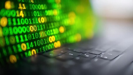 Digital Matrix: An artistic close-up of a laptop keyboard, overlain with glowing green binary code, symbolizing technology, data, and the digital age. - Powered by Adobe