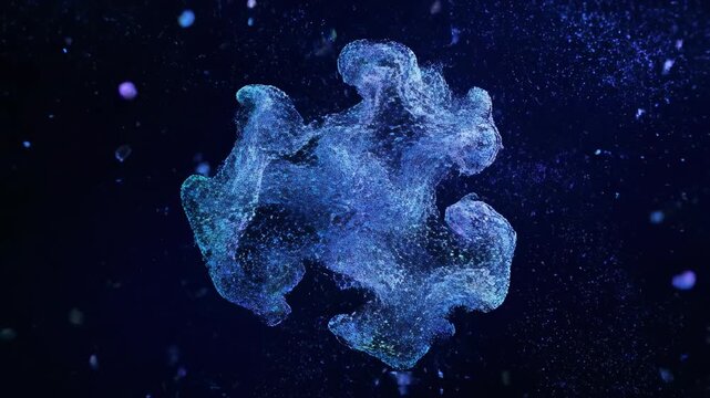 A 3D illustration of a blue jellyfish in water on a black background creates a winter snowflake pattern with light and star shapes for a holiday art design concept