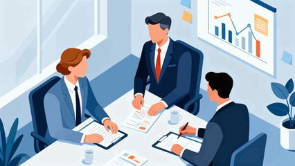 This isometric illustration shows a group of business professionals in suits gathered around a conference table with documents, representing a corporate meeting focused on collaboration and discussion