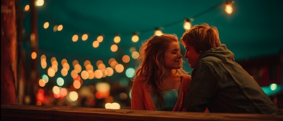 couple leaning on railing at rooftop evening