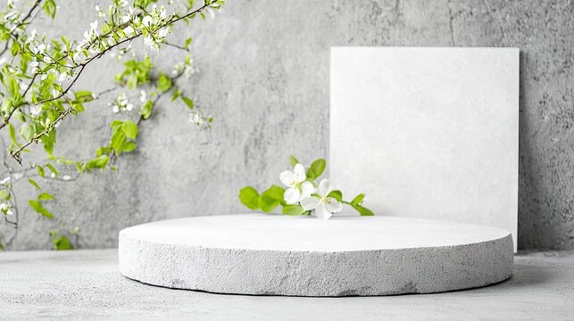 A minimalist display podium made of rough concrete stands on a textured surface. Behind it, a white square board is placed against a grey concrete wall. A branc