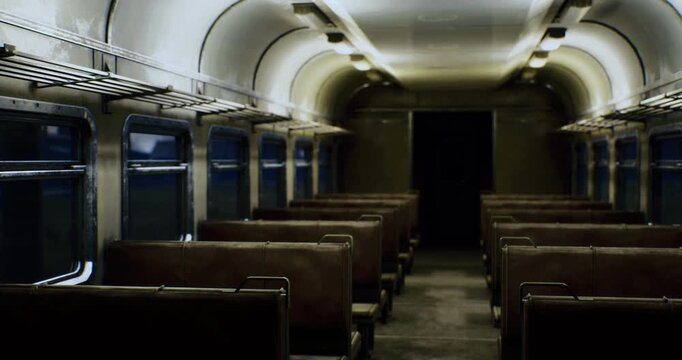 An old fashioned train carriage features worn benches and dim lighting. Windows are framed by shadows, enhancing the feeling of solitude and nostalgia in this abandoned setting.