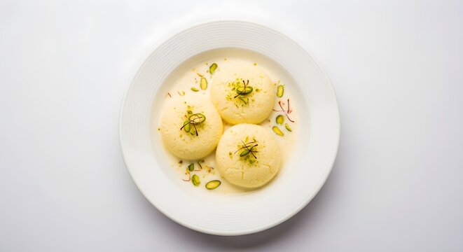 indian dessert, delicious rasmalai close up, traditional indian rasmalai dessert, rasmalai in white bowl with pistachio, indian milk sweet with saffron