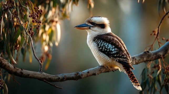 Kookaburra perched gracefully on branch, mottled feathers in soft light