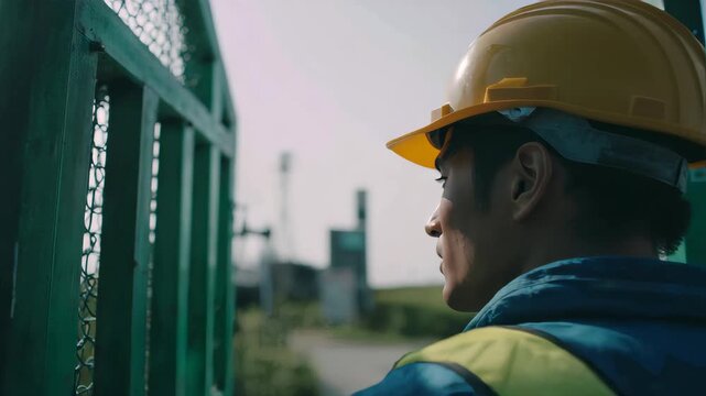 Close-up of a construction worker wearing a yellow helmet and blue vest, looking at a green industrial gate with a metal mesh