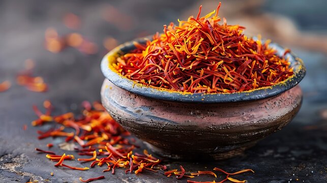 Close up of dried saffron threads in a rustic clay pot on a dark textured surface - Powered by Adobe