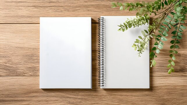 Two blank notebooks with white pages and a fern branch on a wooden surface flat lay top view style shot