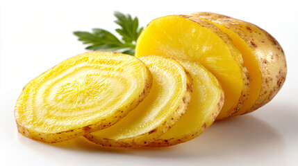 Whole and sliced potato root, Fresh potato cut into thick rounds