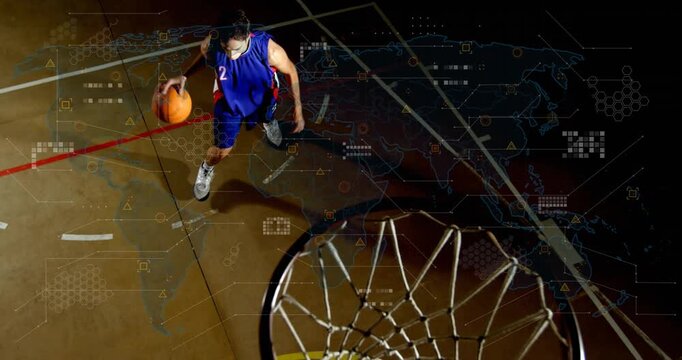Man crossing red line, driving rim to score with layup while HUD over court intensifying, sports