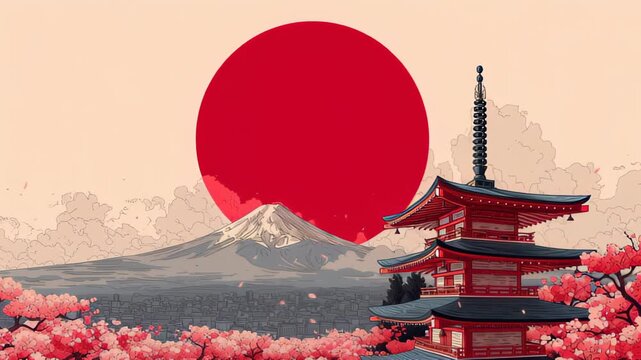  the red sun on the background of a mountain Mount Fuji in background, beautiful Japanese flag with traditional temple. Japanese flag  against a majestic mountain evokes Japanese history and culture.